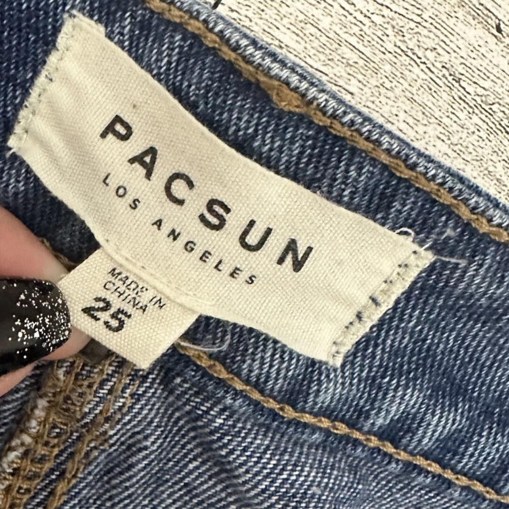 Pacsun Denim Blue Jean MINI skirt Pieced distressed Raw Hem Button fly Sz 25 - Picture 4 of 5